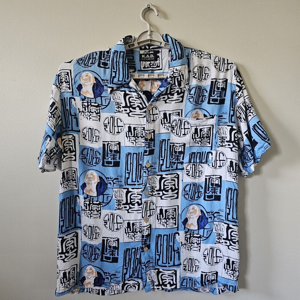 K.A.D. Clothing Co. Hawaiian Shirt‎ Men's Large Budda Print Blue Beach Summer